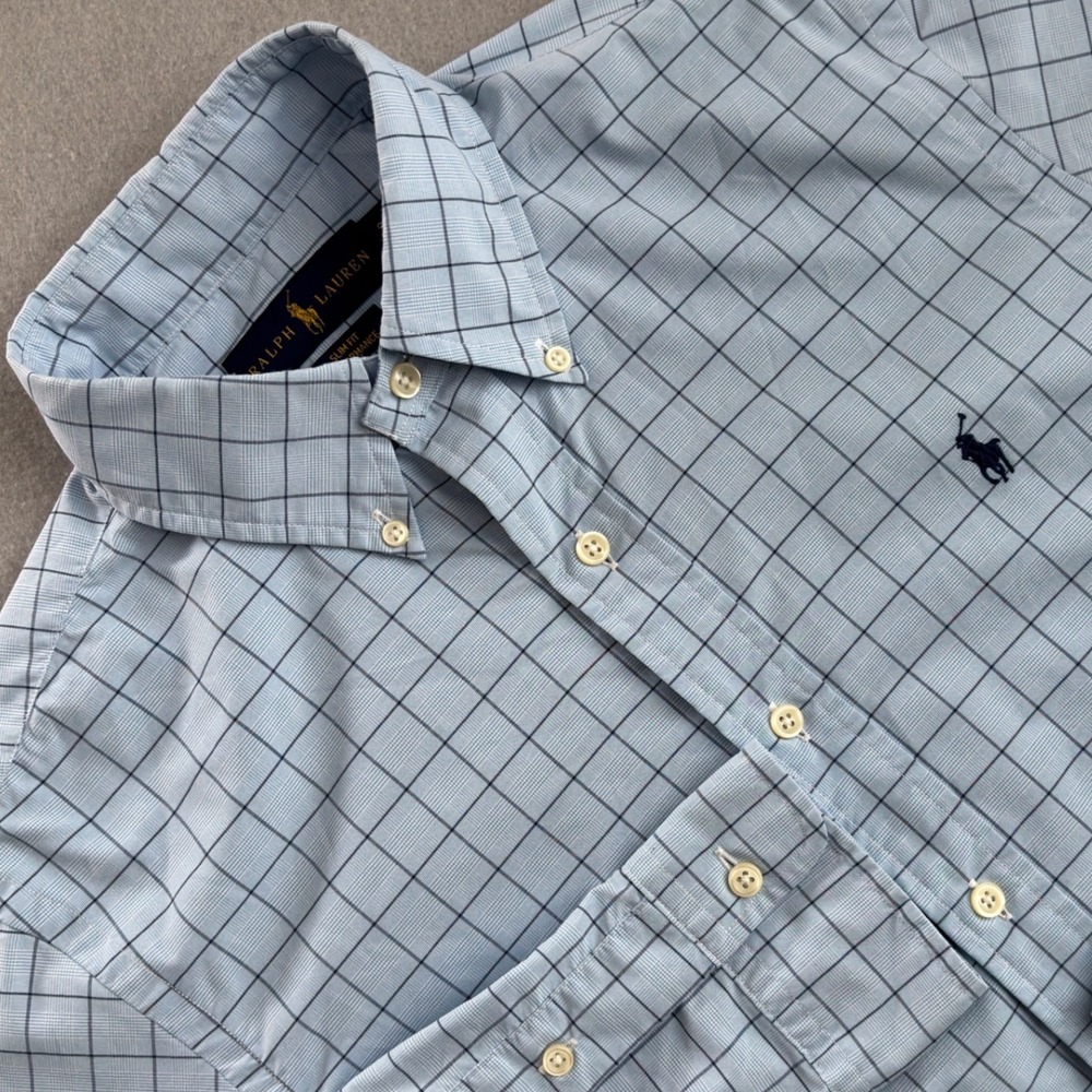 Ralph Lauren Performance Slim Fit Shirt Mens Small Blue Windowpane Check Logo